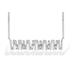 14kt white gold bar type necklace with diamond baguette accents