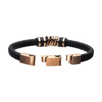  INOX - Bracelet  en cuir et acier IP or rose